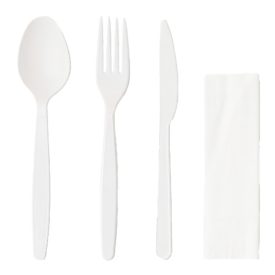  Műanyag 3+1 szett kés villa kanál szalvéta fehér
